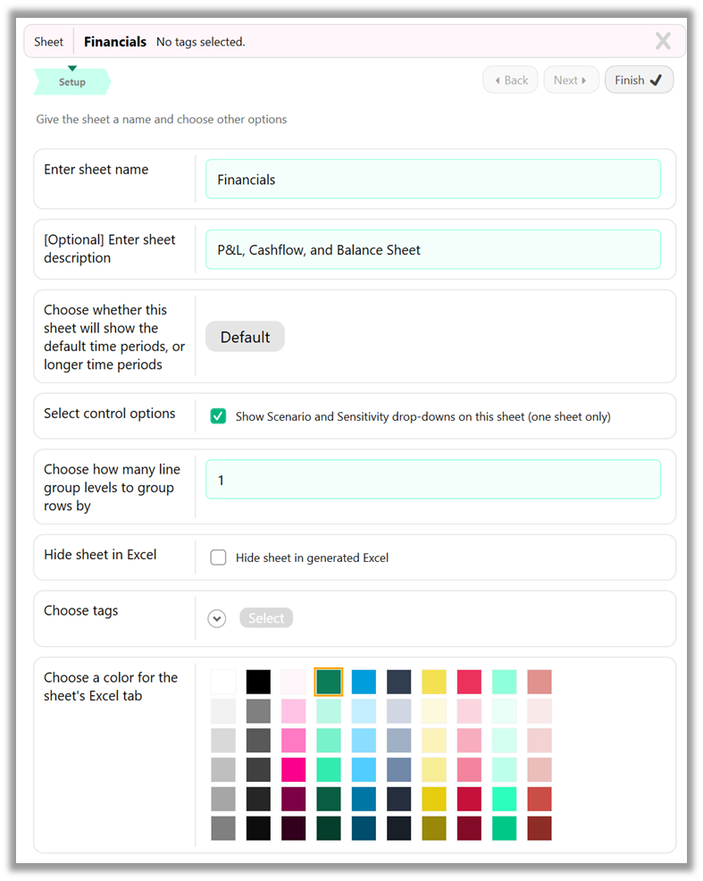Screenshot of the new Sheet setup step