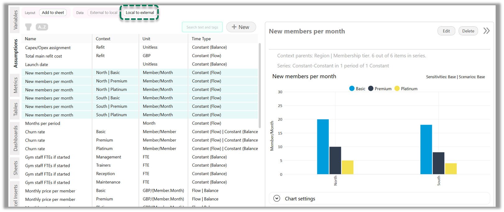 Screenshot showing a list of assumptions, with some assumptions selected. A context button is highlighted, which allows the conversion of local assumptions to external data.