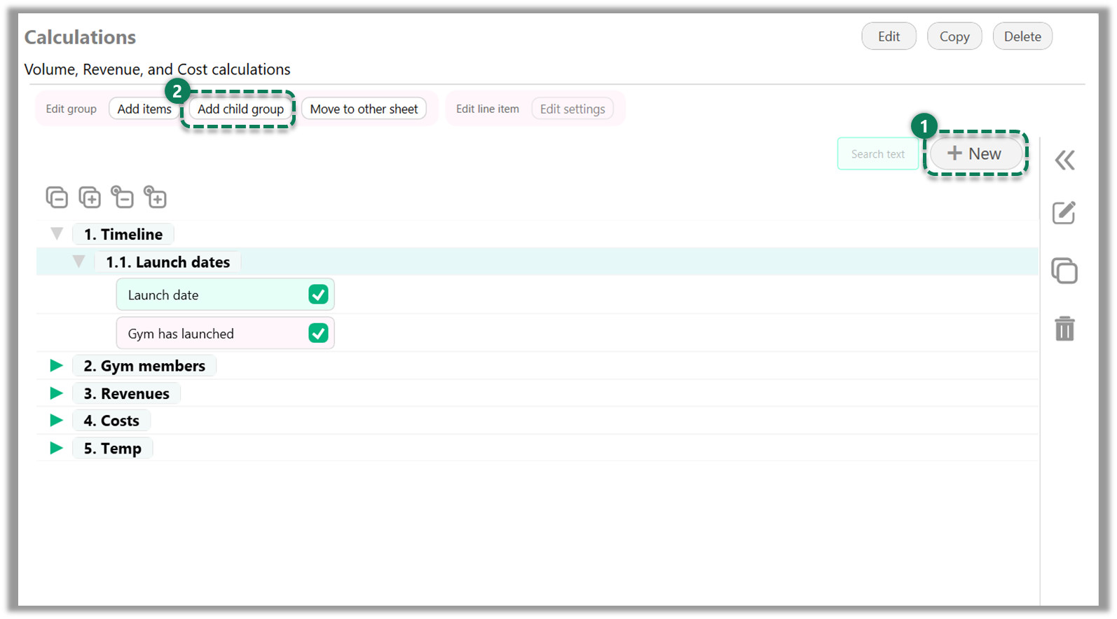 Screenshot of a Sheet preview highlighted the New LineGroup button and the "Add Child Group" button