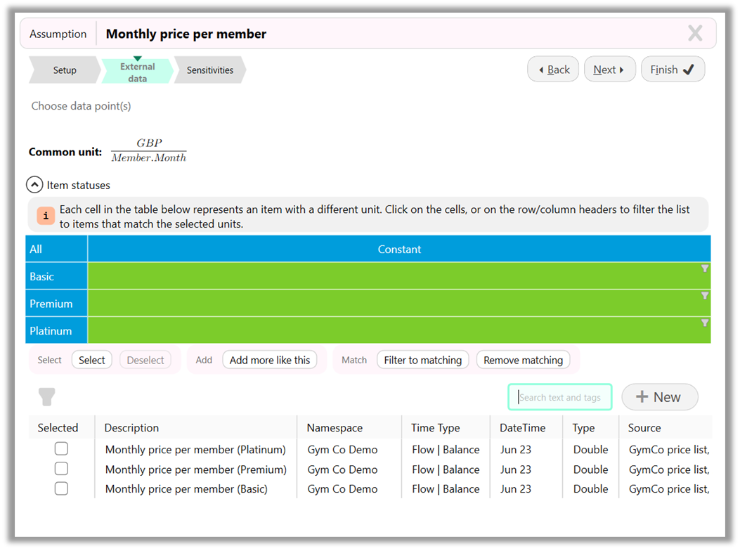 Screenshot of the External Data page of the Assumptions wizard.