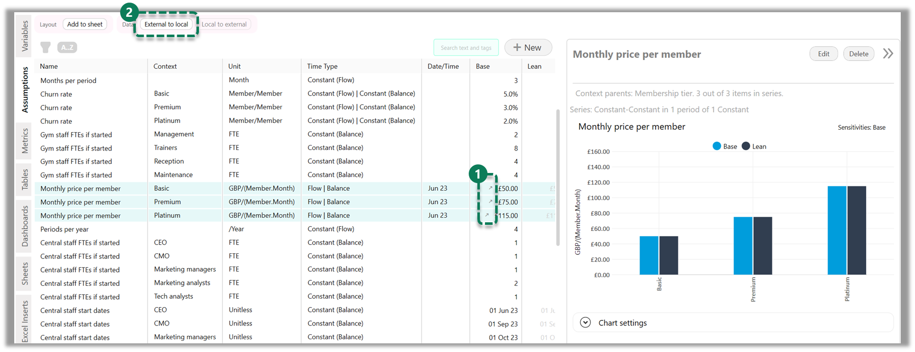 Screenshot showing the assumptions list, with three assumptions selected. These assumptions link to external data, so a button is shown allowing the user to convert the data to local assumptions.
