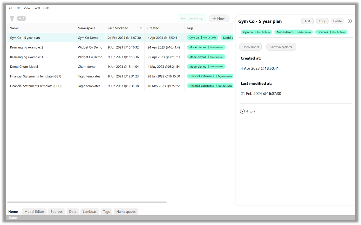 Screenshot showing the Home Tab of Models. There are several Models shown in a list - the user has selected the first Model, a preview of which is being shown on the right hand side.