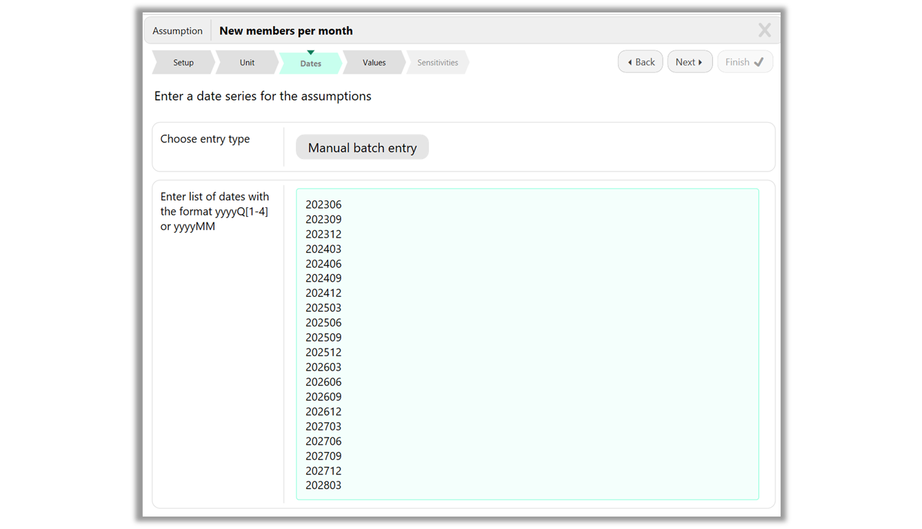 Screenshot of the manual batch entry step used to enter multiple dates for a time series in the Assumptions wizards