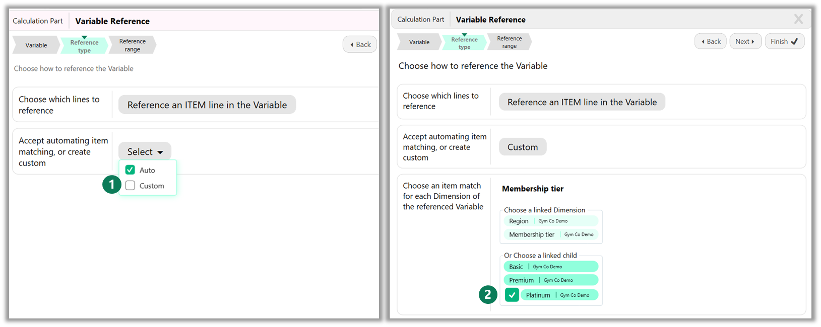 Screenshots showing how to create a custom relationships to a Variable using the Calculation Part editor wizard
