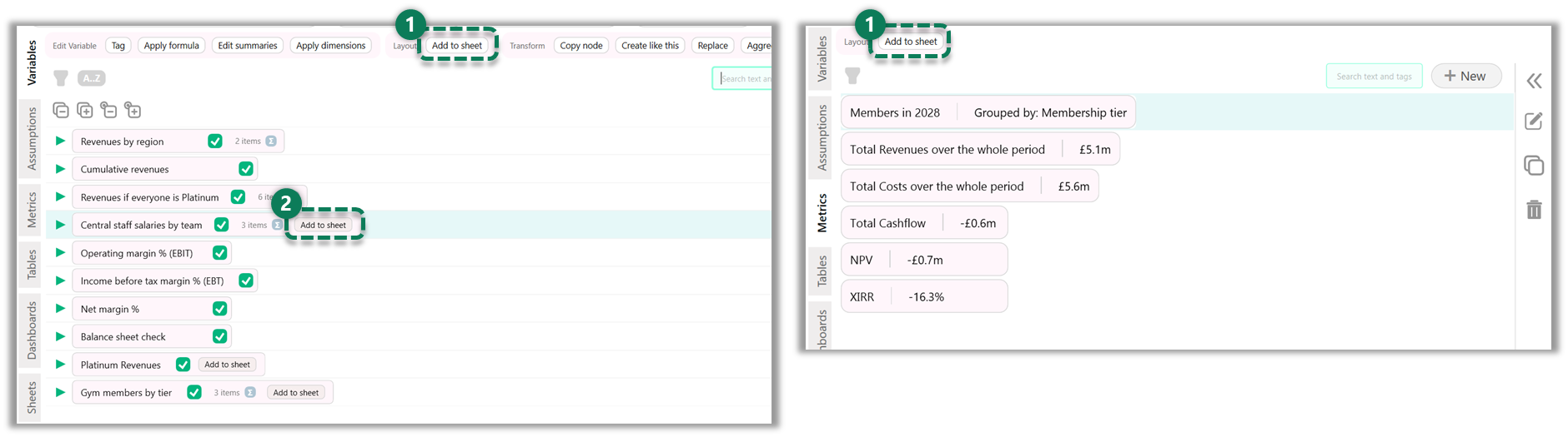 Screenshots showing Add to Sheet buttons in the Variables view (left) and Metrics view (right)